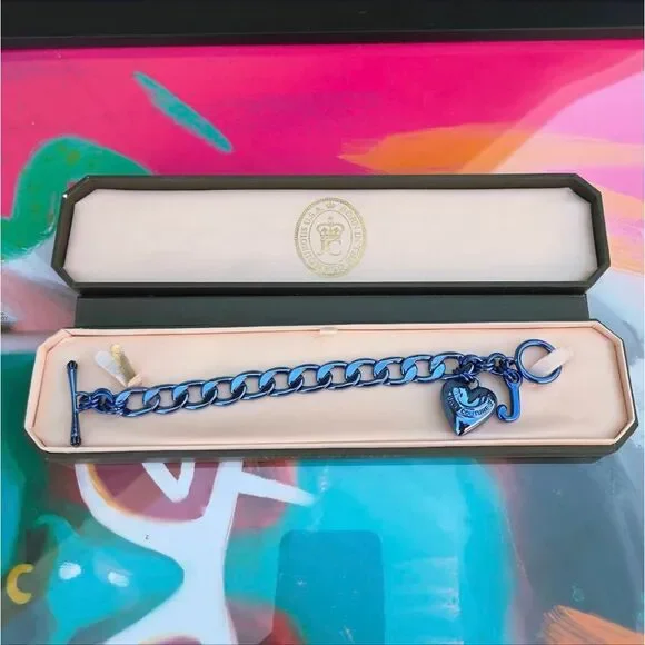 Juicy Couture Y2K Rare Metallic Blue Charm Puffy Heart Vintage Starter Bracelet - Picture 2 of 9